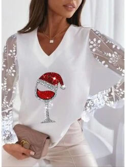 Women's T Shirt Tee Maroon Silver Peach Graphic Reindeer Patchwork Lace Trims Long Sleeve Christmas Casual Christmas V Neck Regular S