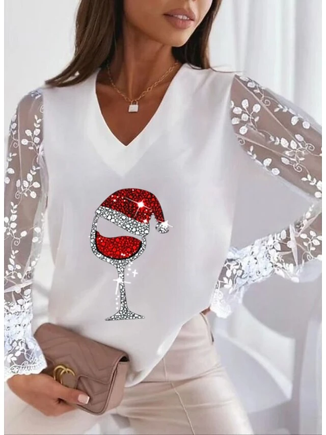 Women's T Shirt Tee Maroon Silver Peach Graphic Reindeer Patchwork Lace Trims Long Sleeve Christmas Casual Christmas V Neck Regular S 3 Women's T Shirt Tee Maroon Silver Peach Graphic Reindeer Patchwork Lace Trims Long Sleeve Christmas Casual Christmas V Neck Regular S