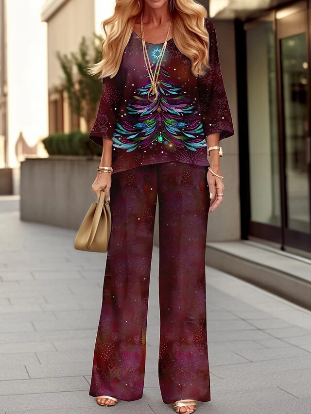 Women's Pants Sets Christmas Shirt Red Blue Green Graphic Print Long Sleeve Party Christmas Festival Christmas Round Neck Regular Fit Spring &Fall 4 Women's Pants Sets Christmas Shirt Red Blue Green Graphic Print Long Sleeve Party Christmas Festival Christmas Round Neck Regular Fit Spring &Fall - Image 2