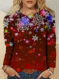 Women's T Shirt Tee Christmas Shirt Wine Red Blue Christmas Tree Snowflake Print Long Sleeve Christmas Weekend Basic Christmas Round Neck Regular Fit Painting -Cheap Women Clothing Store fflprm1636429527743
