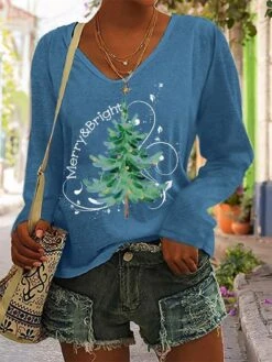 Women's T Shirt Tee Christmas Shirt Black White Blue Christmas Tree Print Long Sleeve Christmas Weekend Basic Christmas V Neck Regular Fit Painting Spring &Fall -Cheap Women Clothing Store fgbqtm1693480493061