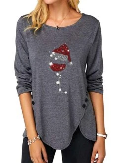 Women's T Shirt Tee Christmas Shirt Sky-blue Black Pink Graphic Print Long Sleeve Christmas Weekend Basic Christmas Round Neck Regular Fit Painting -Cheap Women Clothing Store fgfgft1665739179781