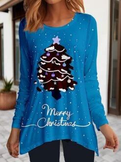 Women's T Shirt Tee Yellow Red Blue Letter Christmas Tree Flowing Tunic Print Long Sleeve Christmas Weekend Festival / Holiday Round Neck Regular Fit Painting Spring &Fall -Cheap Women Clothing Store fhxgxv1697193958128