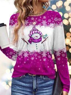 Women's T Shirt Tee Christmas Shirt Red Blue Purple Snowman Snowflake Print Long Sleeve Party Christmas Weekend Festival / Holiday Round Neck Regular Fit Painting Spring &Fall -Cheap Women Clothing Store fjmikm1697455294470