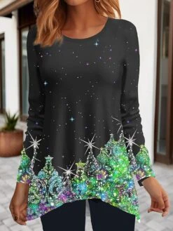 Women's T Shirt Tee Christmas Shirt Pink Blue Purple Christmas Tree Flowing Tunic Print Long Sleeve Party Christmas Weekend Festival / Holiday Round Neck Regular Fit Painting Spring &Fall -Cheap Women Clothing Store fjpfxh1694165937210