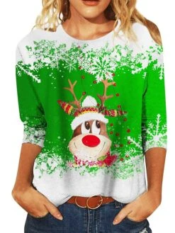 Women's T Shirt Tee Christmas Shirt Black Red Blue Snowflake Reindeer Print Long Sleeve Christmas Weekend Basic Christmas Round Neck Regular Fit Painting -Cheap Women Clothing Store fkxzhf1666751880826