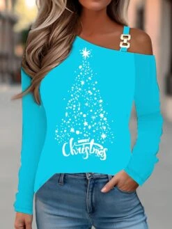 Women's T Shirt Tee Black Red Blue Christmas Tree Print Long Sleeve Party Christmas Weekend Fashion Diagonal Neck Regular Fit Painting Spring &Fall -Cheap Women Clothing Store flmsdf1693565183252