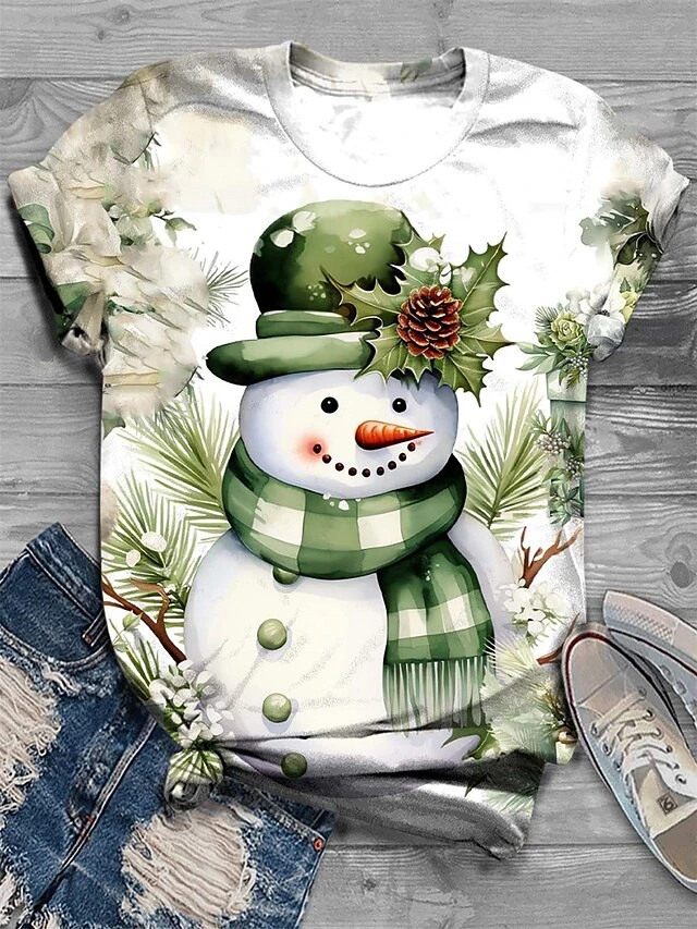 Women's T Shirt Tee Christmas Shirt Black Green Snowman Santa's Helper Print Short Sleeve Christmas Weekend Festival / Holiday Round Neck Regular Fit Painting Summer 4 Women's T Shirt Tee Christmas Shirt Black Green Snowman Santa's Helper Print Short Sleeve Christmas Weekend Festival / Holiday Round Neck Regular Fit Painting Summer - Image 2