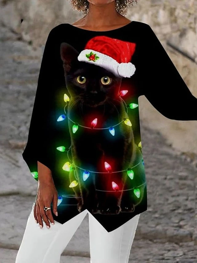 Women's Shirt Blouse Christmas Shirt Black Blue Purple Cat Christmas Tree Asymmetric Print Long Sleeve Party Christmas Casual Festival / Holiday Print Round Neck Regular Fit Spring &Fall 3 Women's Shirt Blouse Christmas Shirt Black Blue Purple Cat Christmas Tree Asymmetric Print Long Sleeve Party Christmas Casual Festival / Holiday Print Round Neck Regular Fit Spring &Fall