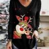 Women's T Shirt Tee Christmas Shirt Black White Wine Santa Claus Snowflake Reindeer Print Long Sleeve Christmas Weekend Festival / Holiday Funny Christmas V Neck Regular Fit Painting Spring &Fall -Cheap Women Clothing Store fpamdf1695292254393