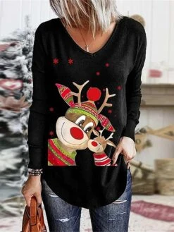 Women's T Shirt Tee Christmas Shirt Black White Wine Santa Claus Snowflake Reindeer Print Long Sleeve Christmas Weekend Festival / Holiday Funny Christmas V Neck Regular Fit Painting Spring &Fall