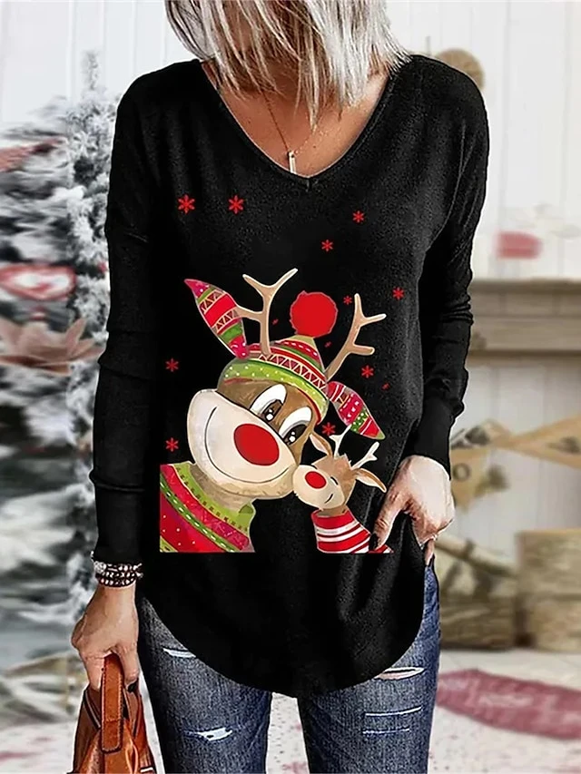 Women's T Shirt Tee Christmas Shirt Black White Wine Santa Claus Snowflake Reindeer Print Long Sleeve Christmas Weekend Festival / Holiday Funny Christmas V Neck Regular Fit Painting Spring &Fall 3 Women's T Shirt Tee Christmas Shirt Black White Wine Santa Claus Snowflake Reindeer Print Long Sleeve Christmas Weekend Festival / Holiday Funny Christmas V Neck Regular Fit Painting Spring &Fall