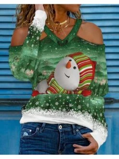 Women's T Shirt Tee Christmas Shirt Yellow Wine Red Snowman Snowflake Cold Shoulder Print Long Sleeve Christmas Weekend Basic Christmas V Neck Regular Fit Painting -Cheap Women Clothing Store fpnlwt1665540151021
