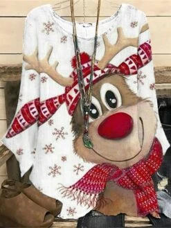 Women‘s Plus Size Christmas Tops Blouse Shirt Animal Deer Print Long Sleeve Casual Holiday Daily Polyester Winter Fall White / Vacation