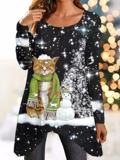 Women's T Shirt Tee Christmas Shirt Black Cat Snowman Flowing Tunic Print Long Sleeve Christmas Weekend Basic Print Christmas Round Neck Regular Fit Painting Fall & Winter