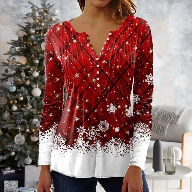 Women's Shirt Blouse Christmas Shirt Maroon Wine Red Black Plaid Snowman Deer Button Print Long Sleeve Christmas Casual Holiday Christmas Round Neck Regular Fit Spring Fall 9 Women's Shirt Blouse Christmas Shirt Maroon Wine Red Black Plaid Snowman Deer Button Print Long Sleeve Christmas Casual Holiday Christmas Round Neck Regular Fit Spring Fall - Image 7