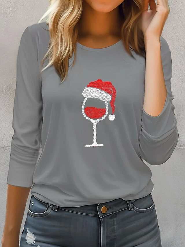Women's T Shirt Tee Christmas Shirt Black Red Gray Wine Glass Rhinestone Print Long Sleeve Party Christmas Weekend Festival / Holiday Christmas Round Neck Regular Fit Painting Spring &Fall 4 Women's T Shirt Tee Christmas Shirt Black Red Gray Wine Glass Rhinestone Print Long Sleeve Party Christmas Weekend Festival / Holiday Christmas Round Neck Regular Fit Painting Spring &Fall - Image 2