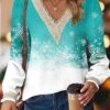 Women's Blouse Christmas Shirt Pink Blue Brown Snowflake Lace Print Long Sleeve Christmas Casual Festival / Holiday V Neck Regular Fit Spring &Fall N / A -Cheap Women Clothing Store fyasbu1697453950102
