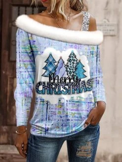 Women's Shirt Blouse Christmas Shirt Yellow Pink Blue Leopard Christmas Tree Print Long Sleeve Party Christmas Casual Festival / Holiday One Shoulder Fur Collar Regular Fit Spring &Fall -Cheap Women Clothing Store fygaqh1697510896768