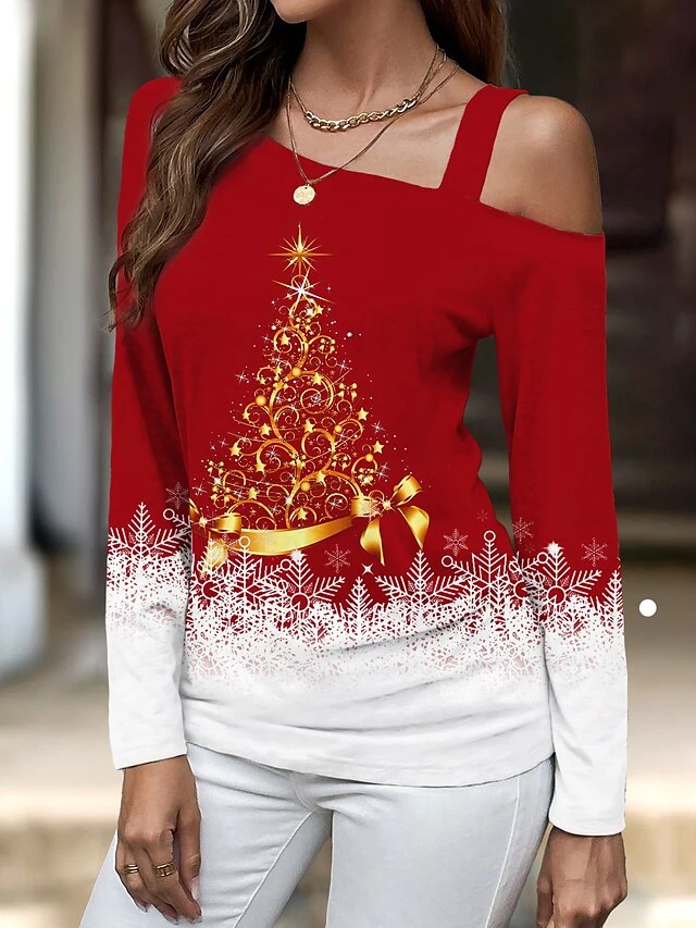 Women's T Shirt Tee Christmas Shirt Black Pink Red Christmas Tree Snowflake Print Long Sleeve Party Christmas Weekend Festival / Holiday Diagonal Neck Regular Fit Painting Spring &Fall 3 Women's T Shirt Tee Christmas Shirt Black Pink Red Christmas Tree Snowflake Print Long Sleeve Party Christmas Weekend Festival / Holiday Diagonal Neck Regular Fit Painting Spring &Fall