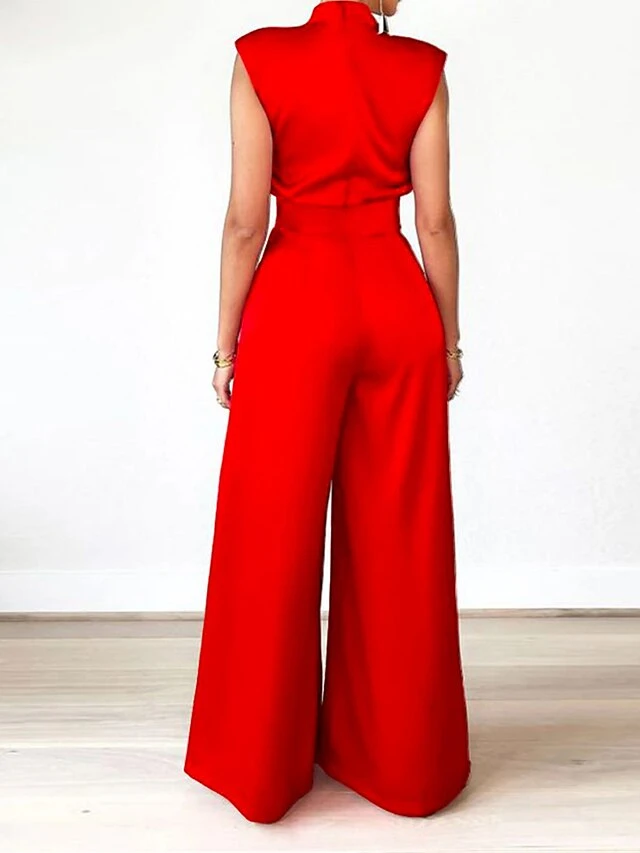 Women's Jumpsuit Pleated High Waist Solid Color Stand Collar Elegant Party Xmas Christmas Regular Fit Sleeveless Black Red Apricot S M L Fall 4 Women's Jumpsuit Pleated High Waist Solid Color Stand Collar Elegant Party Xmas Christmas Regular Fit Sleeveless Black Red Apricot S M L Fall - Image 2