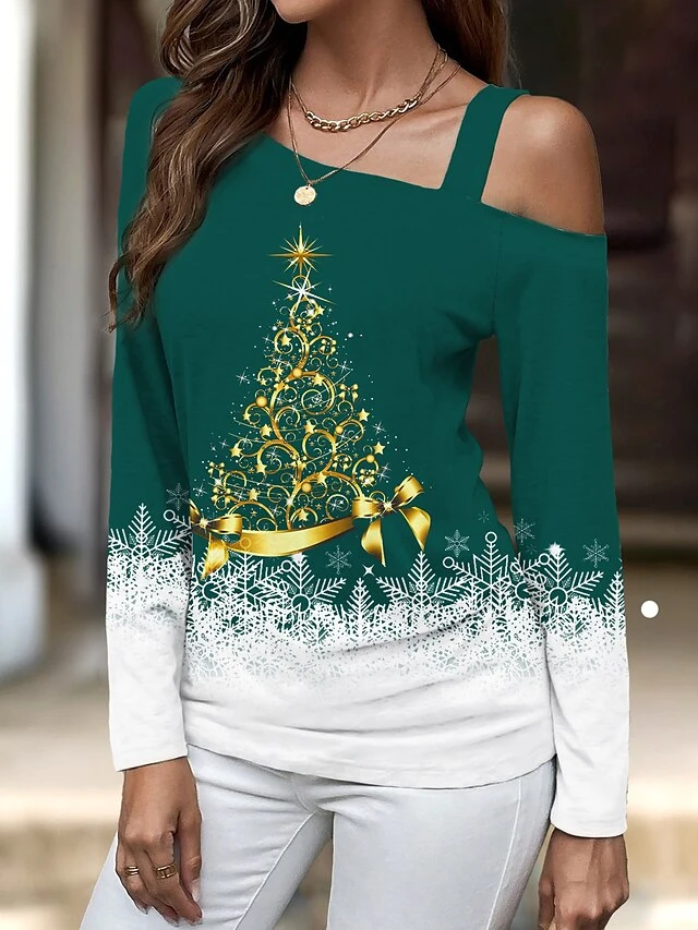 Women's T Shirt Tee Christmas Shirt Black Pink Red Christmas Tree Snowflake Print Long Sleeve Party Christmas Weekend Festival / Holiday Diagonal Neck Regular Fit Painting Spring &Fall 6 Women's T Shirt Tee Christmas Shirt Black Pink Red Christmas Tree Snowflake Print Long Sleeve Party Christmas Weekend Festival / Holiday Diagonal Neck Regular Fit Painting Spring &Fall - Image 4