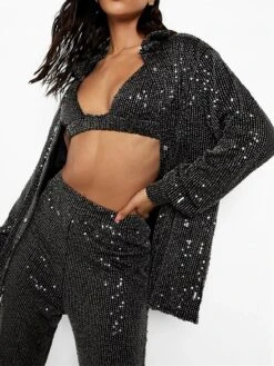 Women's Shirt Bra Pants Sets Black Red Green Sparkly Sequins Long Sleeve Party Christmas Metallic Shirt Collar Regular Fit Spring &Fall