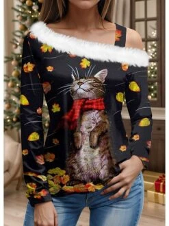 Women's Blouse Christmas Shirt Black Cat Print Long Sleeve Party Casual Fashion Fur Collar Regular Fit 3D Cat Fall & Winter