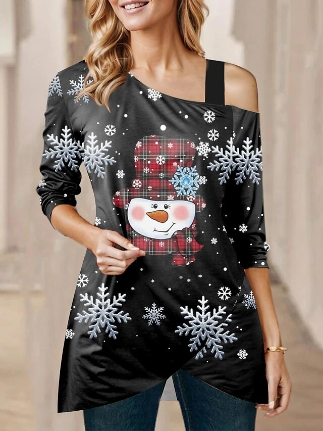 Women's Shirt Blouse Christmas Shirt Black Snowman Snowflake Print Long Sleeve Party Christmas Casual Festival / Holiday One Shoulder Regular Fit Spring &Fall 3 Women's Shirt Blouse Christmas Shirt Black Snowman Snowflake Print Long Sleeve Party Christmas Casual Festival / Holiday One Shoulder Regular Fit Spring &Fall