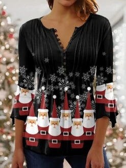 Women's Shirt Christmas Shirt Black Red Blue Santa Claus Snowflake Button Print 3/4 Length Sleeve Christmas Weekend Streetwear Casual Round Neck Regular Fit -Cheap Women Clothing Store gfepxn1668137416753
