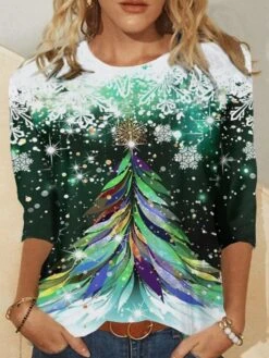 Women's T Shirt Tee Christmas Shirt Black Light Green Royal Blue Snowman Reindeer Print Long Sleeve Party Christmas Casual Vintage Print Christmas Round Neck Fall & Winter -Cheap Women Clothing Store gfkxkb1666771106526