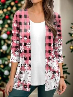 Women's Shirt Shrugs Christmas Shirt Pink Red Blue Plaid Snowflake Print 3/4 Length Sleeve Party Christmas Casual Festival / Holiday V Neck Regular Fit Spring &Fall -Cheap Women Clothing Store gghjra1694680463169
