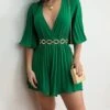 Women's Romper Pleated Solid Color V Neck Streetwear Street Xmas Daily Party Christmas Regular Fit 3/4 Length Sleeve Light Green Pink Fuchsia S M L Summer