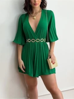 Women's Romper Pleated Solid Color V Neck Streetwear Street Xmas Daily Party Christmas Regular Fit 3/4 Length Sleeve Light Green Pink Fuchsia S M L Summer