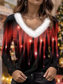 Women's T Shirt Tee Christmas Shirt Red Graphic Print Long Sleeve Party Christmas Weekend Festival / Holiday Fur Collar Regular Fit Painting Fall & Winter