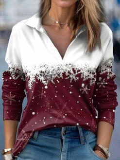 Women's T Shirt Tee Christmas Shirt Red Navy Blue Purple Snowflake Print Long Sleeve Christmas Weekend Festival / Holiday Shirt Collar Regular Fit Painting Spring &Fall 9 Women's T Shirt Tee Christmas Shirt Red Navy Blue Purple Snowflake Print Long Sleeve Christmas Weekend Festival / Holiday Shirt Collar Regular Fit Painting Spring &Fall -Cheap Women Clothing Store ggtywq1695639251903