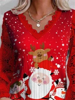 Women's Shirt Blouse Christmas Shirt White Wine Red Snowman Snowflake Deer Lace Print Long Sleeve Christmas Casual Festival / Holiday V Neck Regular Fit Spring &Fall -Cheap Women Clothing Store ghmsxt1695639271893