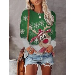 Women's T Shirt Tee Red Green Snowflake Reindeer Print Long Sleeve Christmas Weekend Cute Round Neck Regular Fit Painting Fall & Winter