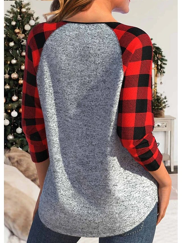 Women's T Shirt Tee Christmas Shirt Red Plaid Santa Claus Print Long Sleeve Christmas Weekend Festival / Holiday V Neck Regular Fit Painting Spring &Fall 5 Women's T Shirt Tee Christmas Shirt Red Plaid Santa Claus Print Long Sleeve Christmas Weekend Festival / Holiday V Neck Regular Fit Painting Spring &Fall - Image 3