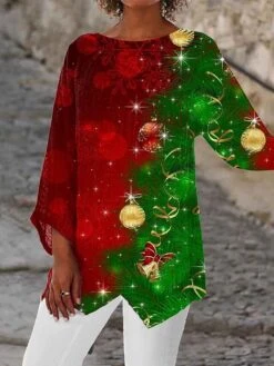 Women's Shirt Christmas Shirt Black White Yellow Christmas Tree Deer Asymmetric Print Long Sleeve Christmas Weekend Streetwear Christmas Round Neck Regular Fit