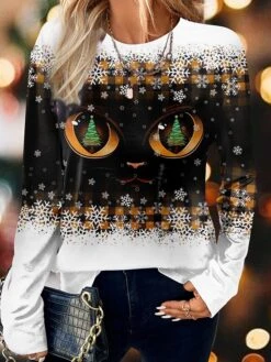 Women's T Shirt Tee Christmas Shirt Blue Purple Orange Plaid Christmas Tree Snowflake Print Long Sleeve Christmas Weekend Festival / Holiday Round Neck Regular Fit Painting Spring &Fall