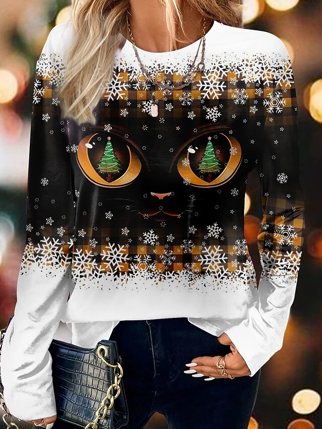 Women's T Shirt Tee Christmas Shirt Blue Purple Orange Plaid Christmas Tree Snowflake Print Long Sleeve Christmas Weekend Festival / Holiday Round Neck Regular Fit Painting Spring &Fall 3 Women's T Shirt Tee Christmas Shirt Blue Purple Orange Plaid Christmas Tree Snowflake Print Long Sleeve Christmas Weekend Festival / Holiday Round Neck Regular Fit Painting Spring &Fall