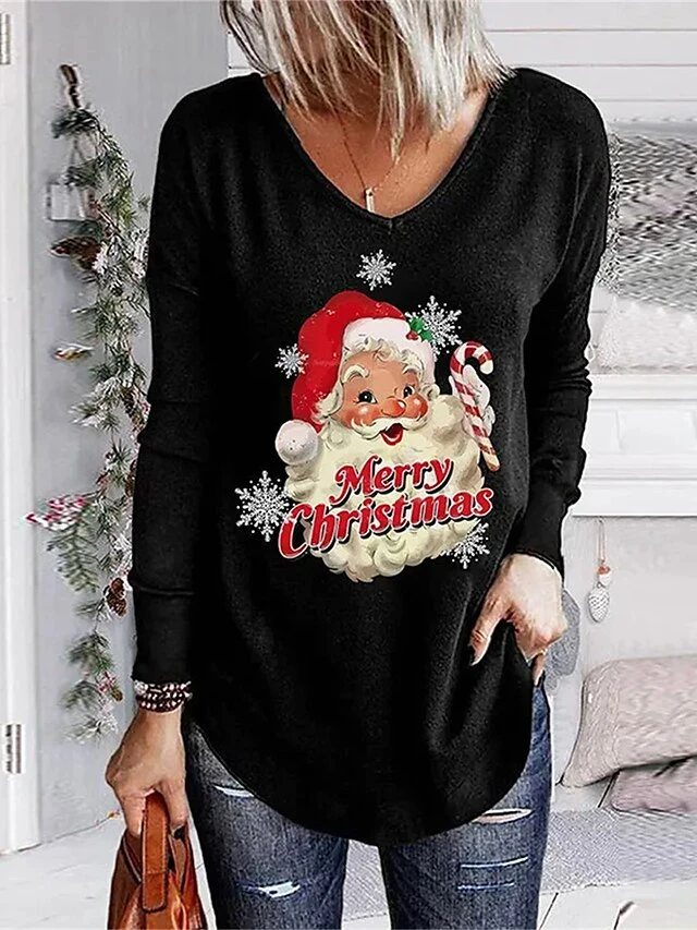 Women's T Shirt Tee Christmas Shirt Black White Wine Santa Claus Snowflake Reindeer Print Long Sleeve Christmas Weekend Festival / Holiday Funny Christmas V Neck Regular Fit Painting Spring &Fall 4 Women's T Shirt Tee Christmas Shirt Black White Wine Santa Claus Snowflake Reindeer Print Long Sleeve Christmas Weekend Festival / Holiday Funny Christmas V Neck Regular Fit Painting Spring &Fall - Image 2