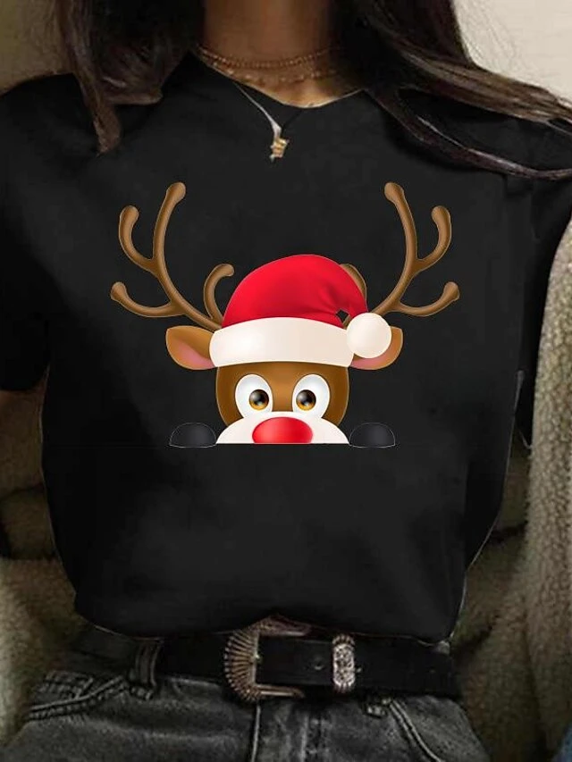 Christmas Snowman Reindeer Beer Cartoon Print Christmas Harajuku Casual Ladies Round Neck Loose Black Short Sleeve T-shirt 6 Christmas Snowman Reindeer Beer Cartoon Print Christmas Harajuku Casual Ladies Round Neck Loose Black Short Sleeve T-shirt - Image 4