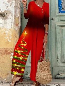 Women's Jumpsuit Button Print Snowflake V Neck Casual Christmas Vacation Xmas Wide Leg Regular Fit Long Sleeve Black Red Blue S M L All Seasons -Cheap Women Clothing Store gliwny1695204833305