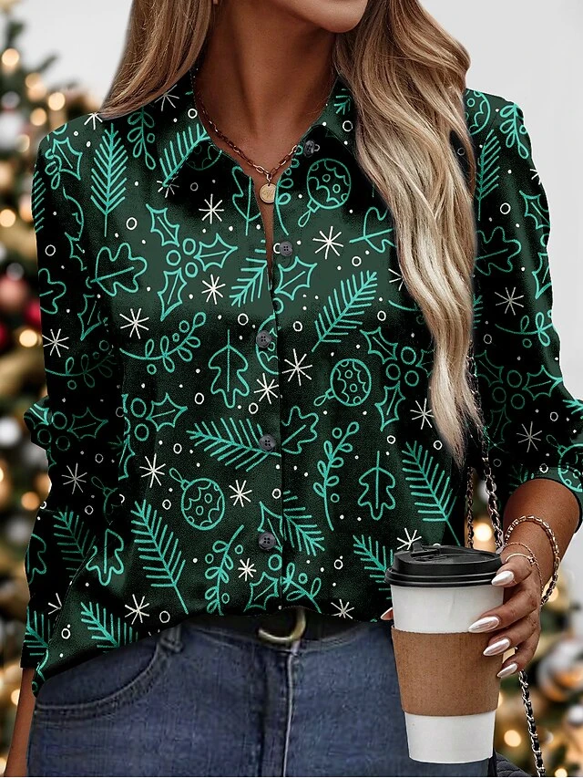 Women's Blouse Christmas Shirt Black Red Green Graphic Button Print Long Sleeve Christmas Casual Festival / Holiday Shirt Collar Regular Fit Spring &Fall 5 Women's Blouse Christmas Shirt Black Red Green Graphic Button Print Long Sleeve Christmas Casual Festival / Holiday Shirt Collar Regular Fit Spring &Fall - Image 3