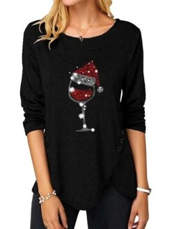 Women's T Shirt Tee Christmas Shirt Sky-blue Black Pink Graphic Print Long Sleeve Christmas Weekend Basic Christmas Round Neck Regular Fit Painting -Cheap Women Clothing Store gmzipi1665739180920