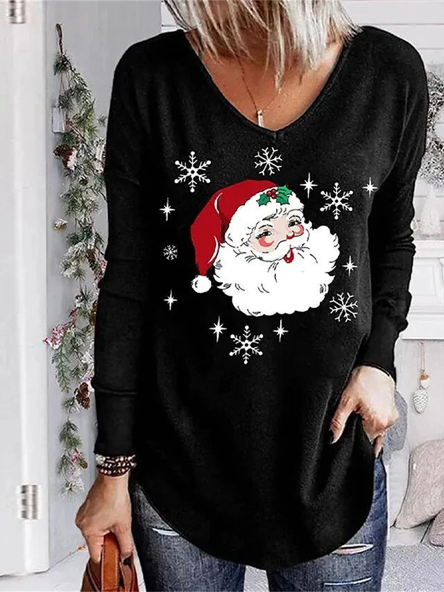 Women's T Shirt Tee Christmas Shirt Black White Wine Santa Claus Snowflake Reindeer Print Long Sleeve Christmas Weekend Festival / Holiday Funny Christmas V Neck Regular Fit Painting Spring &Fall 6 Women's T Shirt Tee Christmas Shirt Black White Wine Santa Claus Snowflake Reindeer Print Long Sleeve Christmas Weekend Festival / Holiday Funny Christmas V Neck Regular Fit Painting Spring &Fall - Image 4