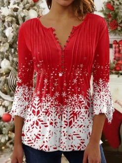 Women's Shirt Blouse Christmas Shirt Denim Blue Grass Green Black Snowflake Button Print 3/4 Length Sleeve Christmas Streetwear Casual Round Neck Regular Fit 22 Women's Shirt Blouse Christmas Shirt Denim Blue Grass Green Black Snowflake Button Print 3/4 Length Sleeve Christmas Streetwear Casual Round Neck Regular Fit -Cheap Women Clothing Store gntbap1664784860799 1