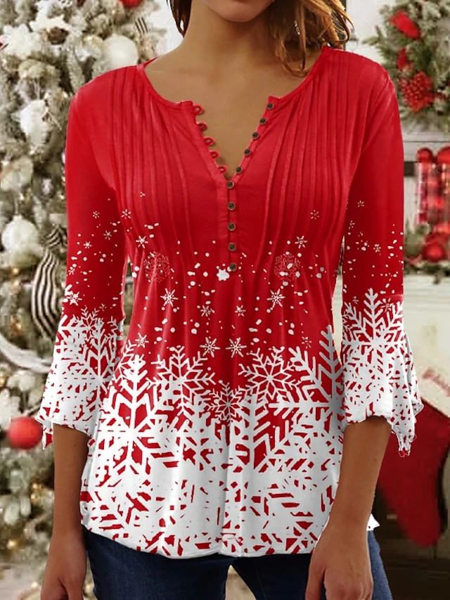 Women's Shirt Blouse Christmas Shirt Denim Blue Grass Green Black Snowflake Button Print 3/4 Length Sleeve Christmas Streetwear Casual Round Neck Regular Fit 10 Women's Shirt Blouse Christmas Shirt Denim Blue Grass Green Black Snowflake Button Print 3/4 Length Sleeve Christmas Streetwear Casual Round Neck Regular Fit - Image 8